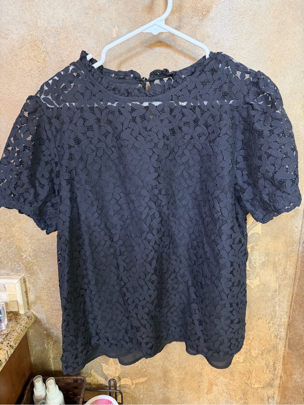 CeCe Black Floral Lace Short Puff Sleeve Top